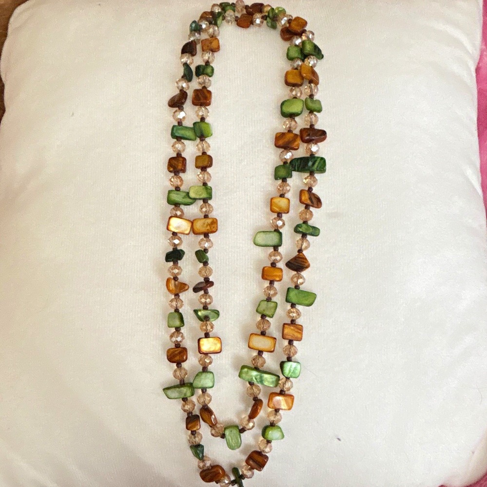 Green Amber Shell Beaded Long Strand Necklace Champagne Crystal Boho Layering